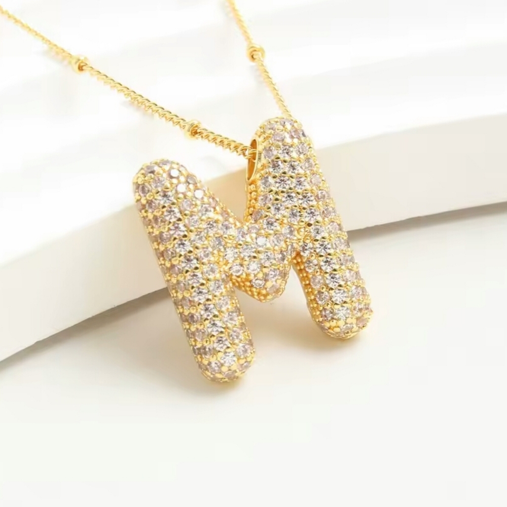 Gold Initial M Pendant Necklace, Bubble Letter Initial Charm Necklace